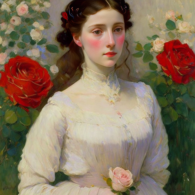 Young woman in white Victorian dress with red roses, pale skin and rosy cheeks