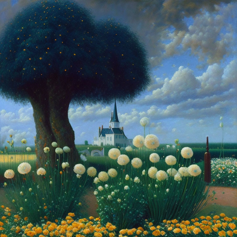 Surreal landscape painting: large tree, starry night sky leaves, oversized dandelion flowers