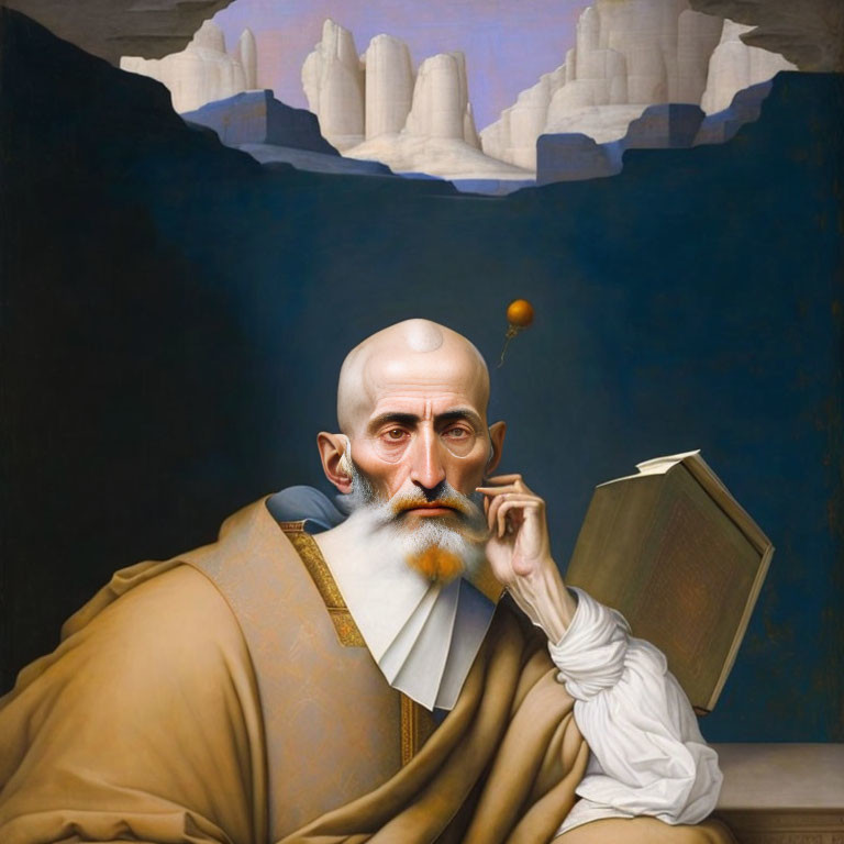 Elderly bearded man in Renaissance attire with book in hand, against icy mountains and floating orange