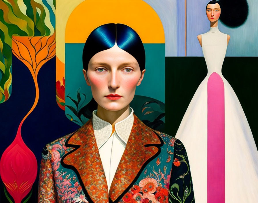 Abstract surreal portrait of two stylized women in unique outfits against vibrant background