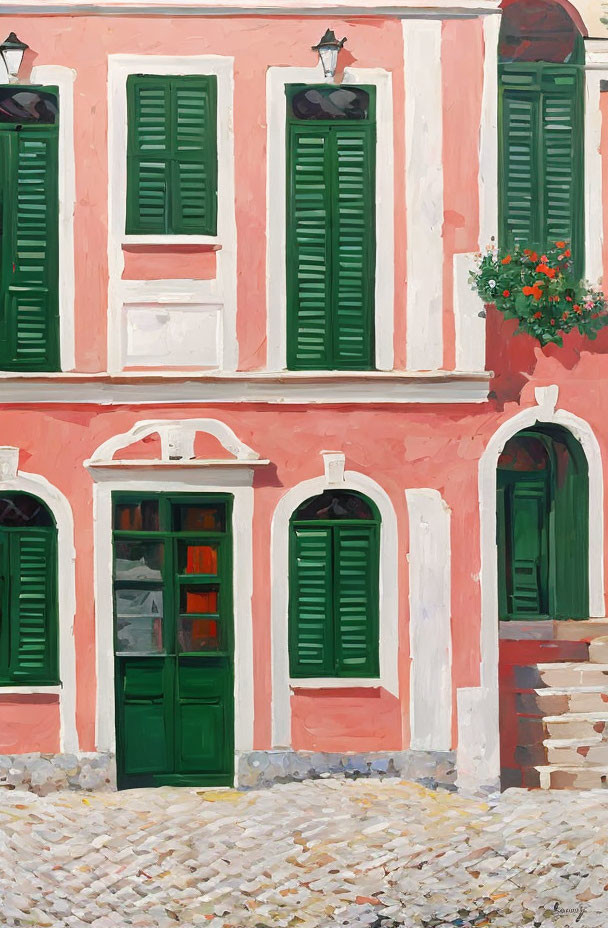 Pink Building with Green Shutters, Cobblestone Street, and Hanging Flowerpot