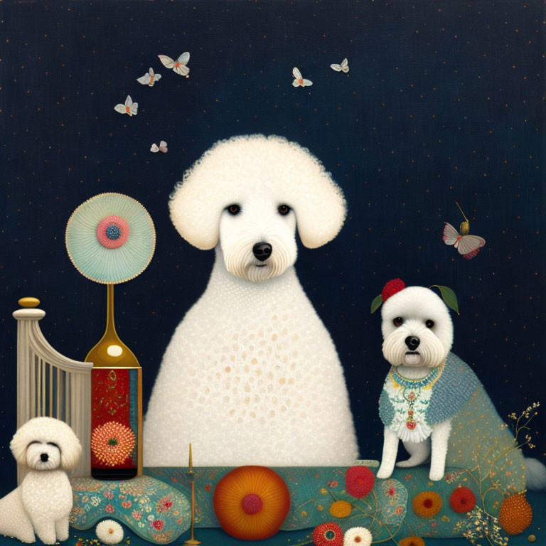 Three Fluffy Dogs with Harp, Fan, and Butterflies on Starry Background