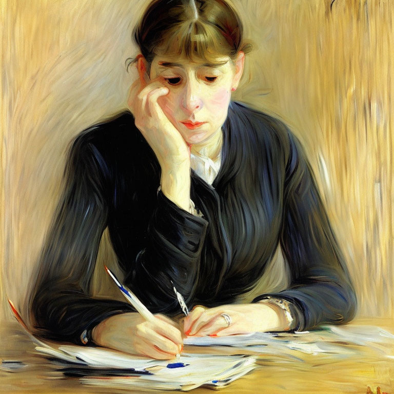 Woman Writing Surrounded by Papers in Impressionist Style