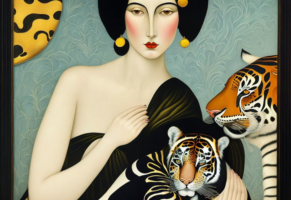 Art Deco Style Illustration of Pale Woman with Tigers on Blue Background