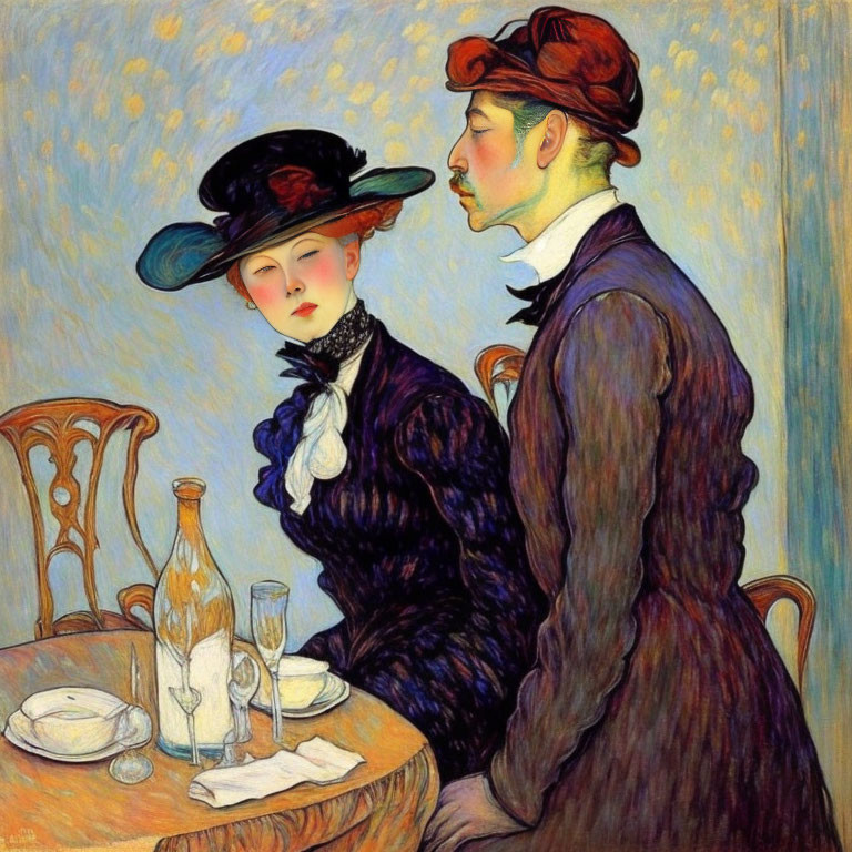 Vividly colored painting of elegantly dressed couple at a table