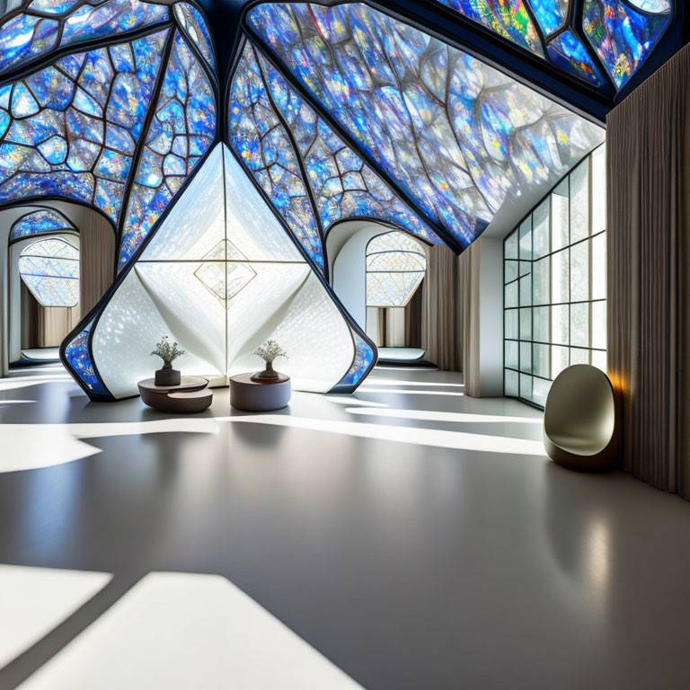 Geometric Glass Pyramid in Modern Room