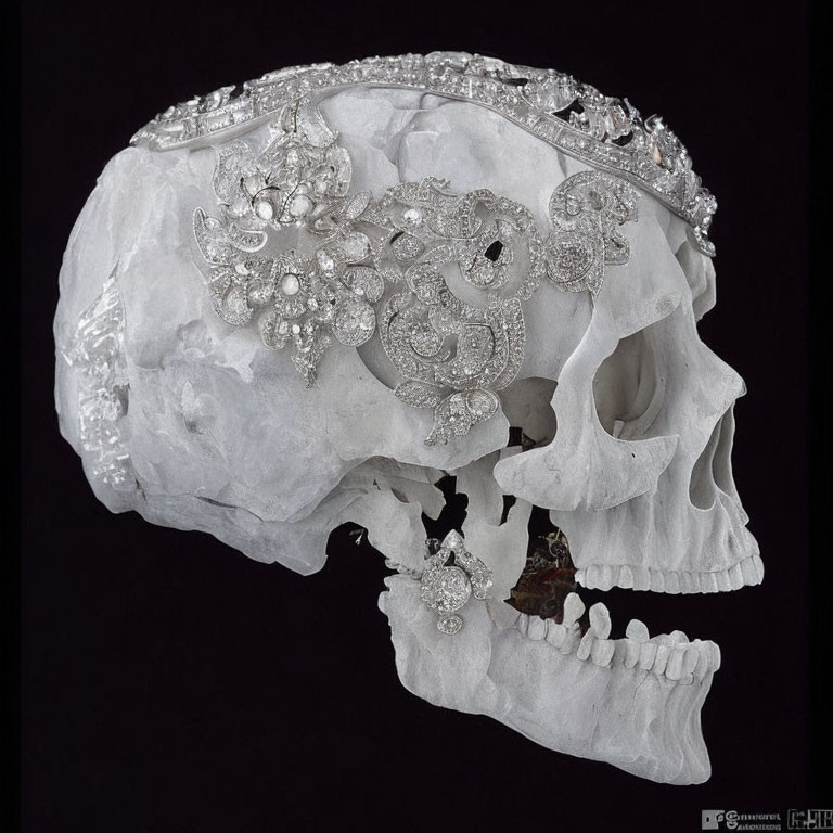 Intricately adorned human skull with floral metal jewelry on black background