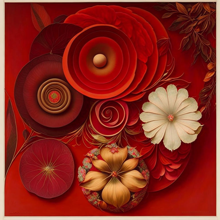 Abstract layered blossoms in warm red and orange hues on deep red background