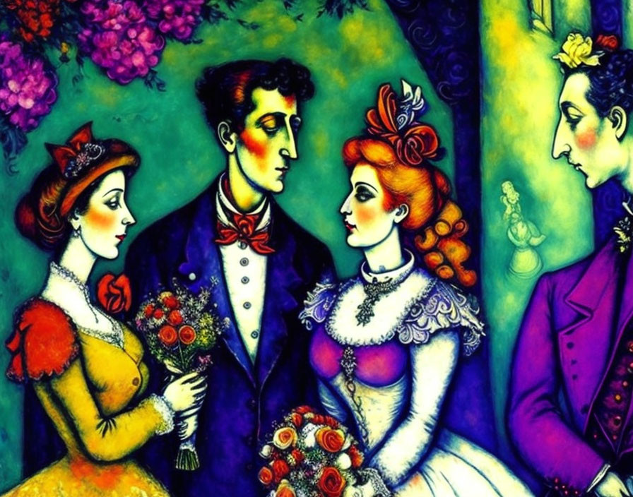 Colorful painting of man in black attire with red bow tie flanked by two women in elaborate dresses