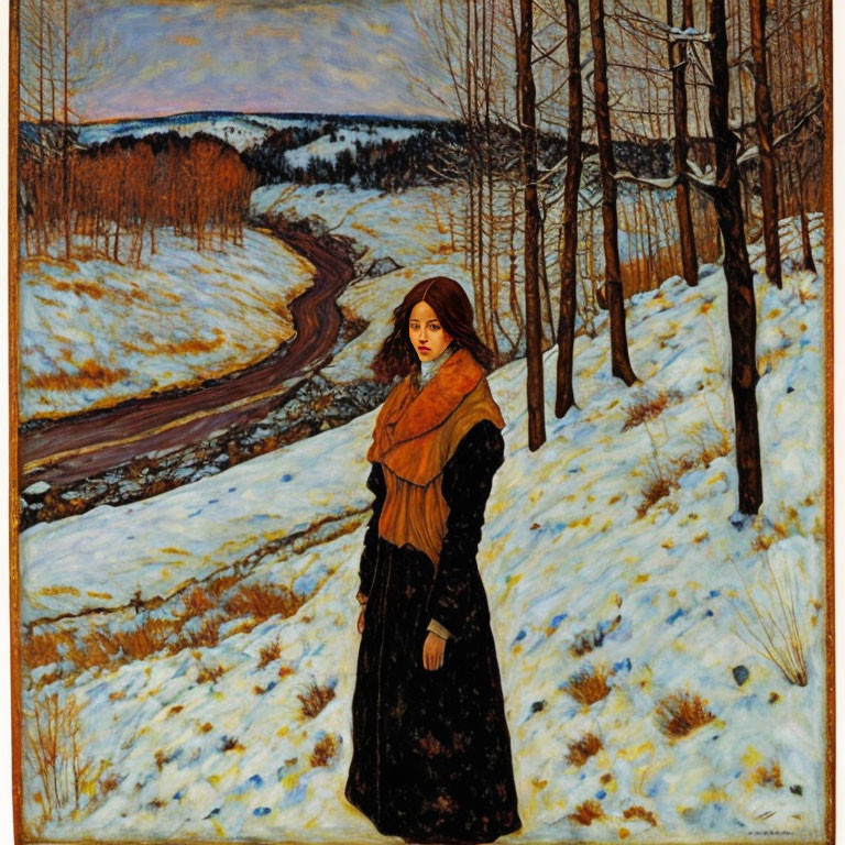 Traditional Attire Woman on Snowy Path with Barren Trees