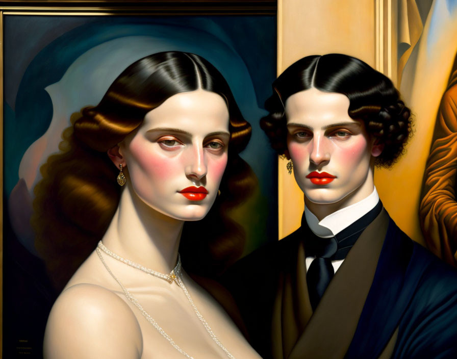 Hyperrealistic Painting: Woman and Man with Classical Features, Pale Skin, and Vintage Hairstyles