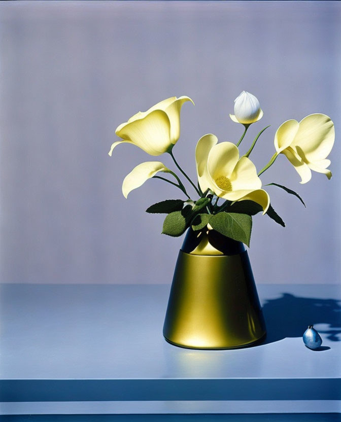 Golden Vase with White and Yellow Flowers on Pale Blue Background