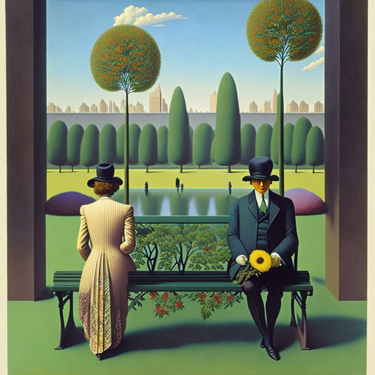 Elegantly dressed couple on bench in stylized park