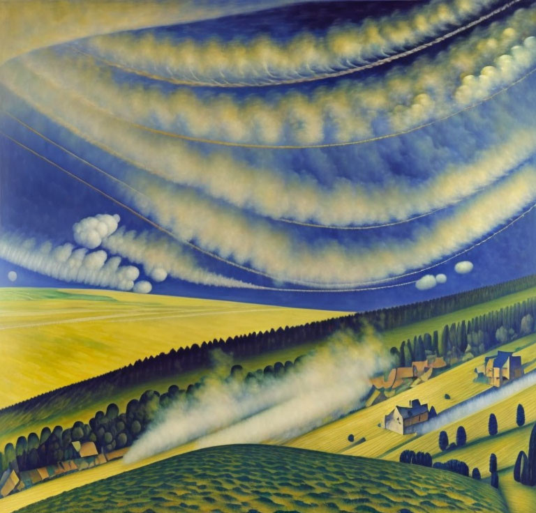 Stylized landscape painting with rolling hills and patterned clouds