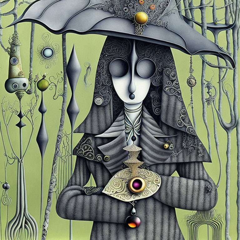 Surreal painting of figure in wide-brimmed hat with spheres on abstract background