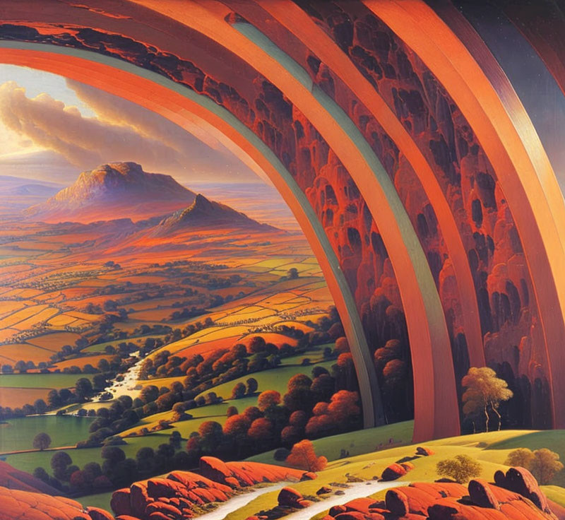 Fantastical Landscape Painting with Oversized Orange Arches