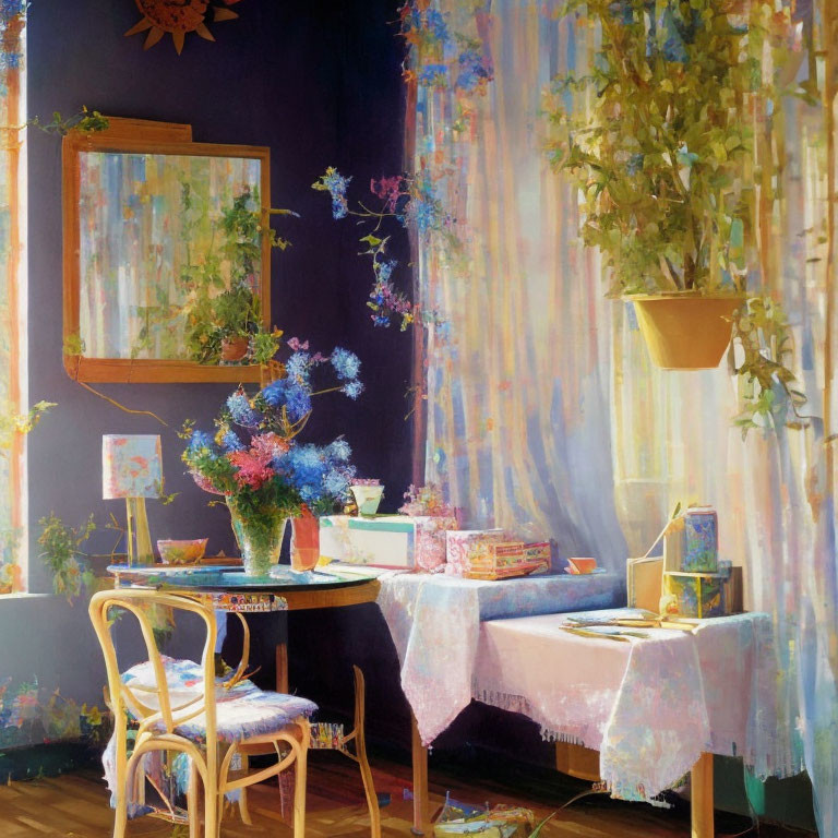 Sunlit Room with Purple Walls, Plants, Books, Flowers, and Chair