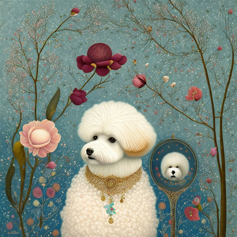 Fluffy white dog with necklace holding mirror in whimsical scene