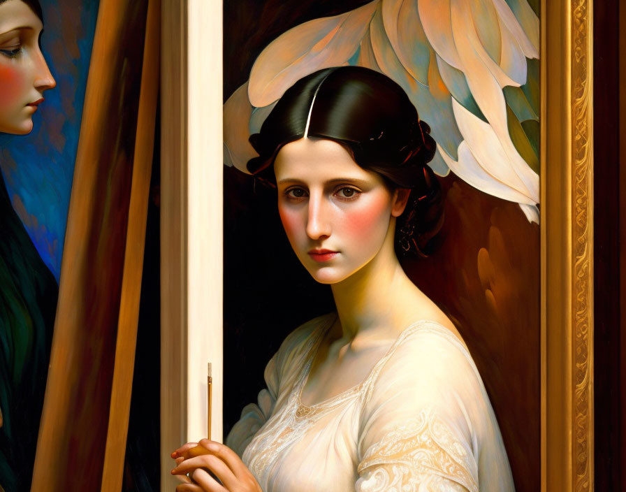 Dark-haired woman painting beside canvas with white flower