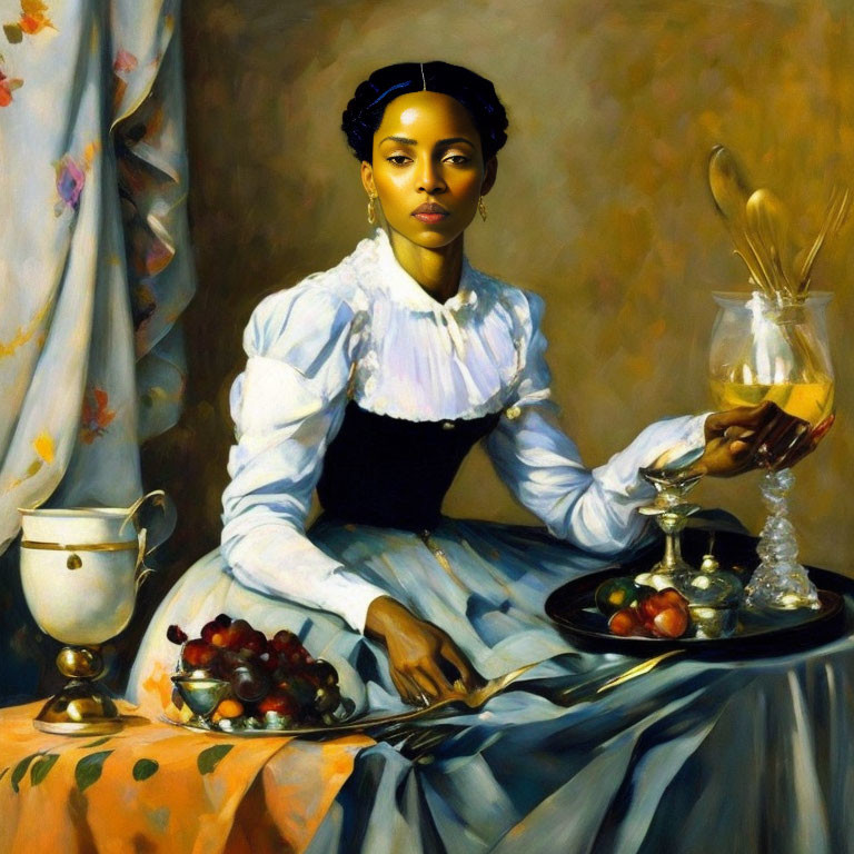 Historical painting of woman with wine glass and fruit on table