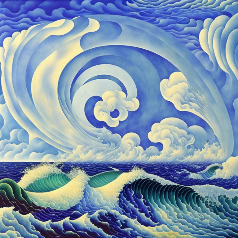 Colorful painting of blue waves and swirling sky.