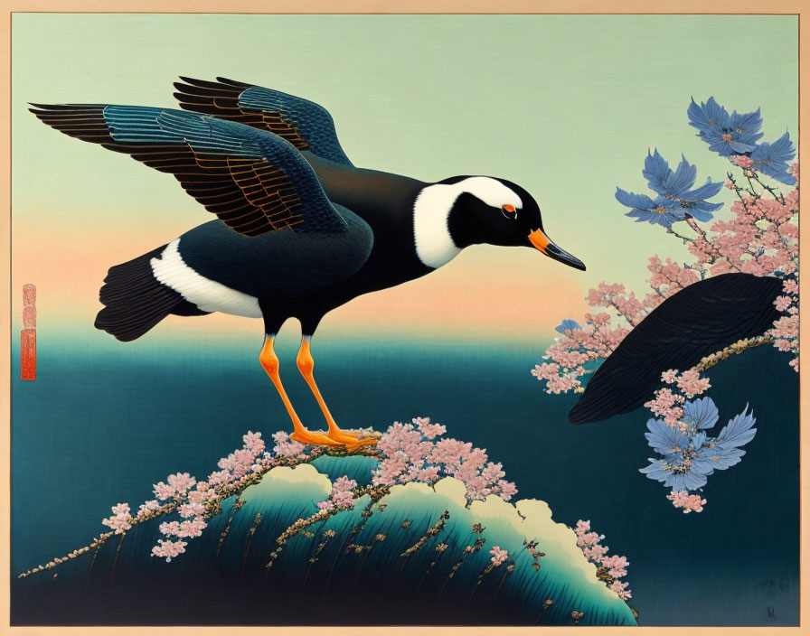 Stylized black and white bird with orange beak on cherry blossom branch