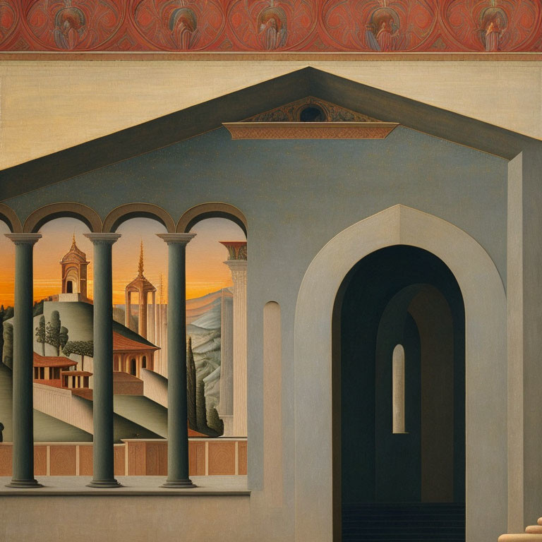 Tranquil Italian Renaissance-style landscape with archways and buildings at sunset