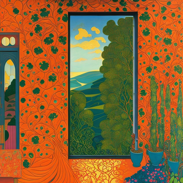 Orange Art Nouveau Room with Floral Patterns & Sea View