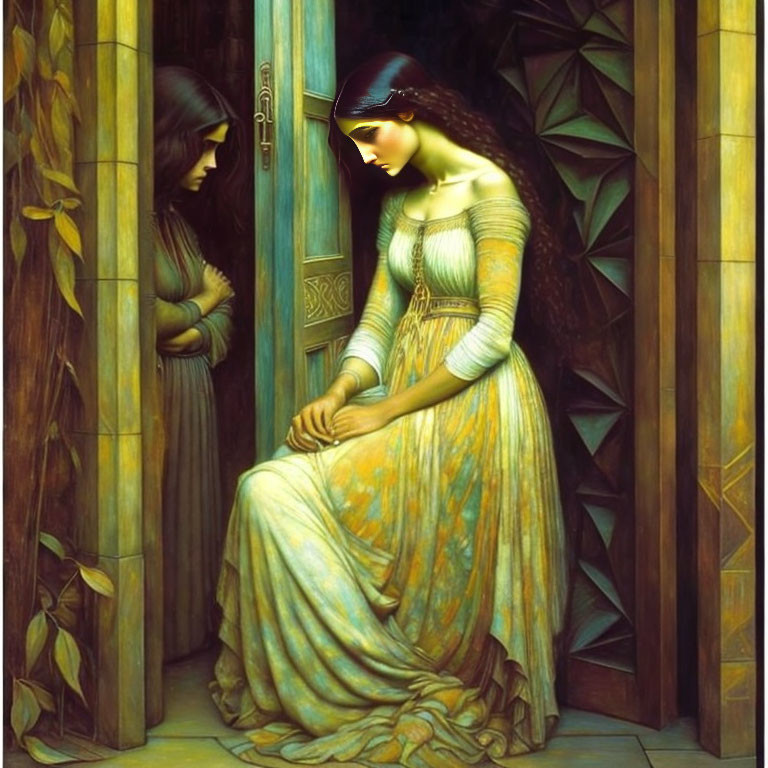 Seated woman in yellow dress near lurking figure by door