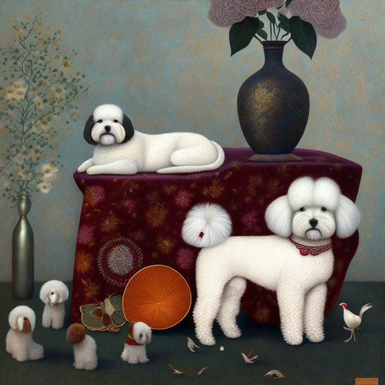 White Dogs Painting on Burgundy Furniture with Vase, Fan, Bird