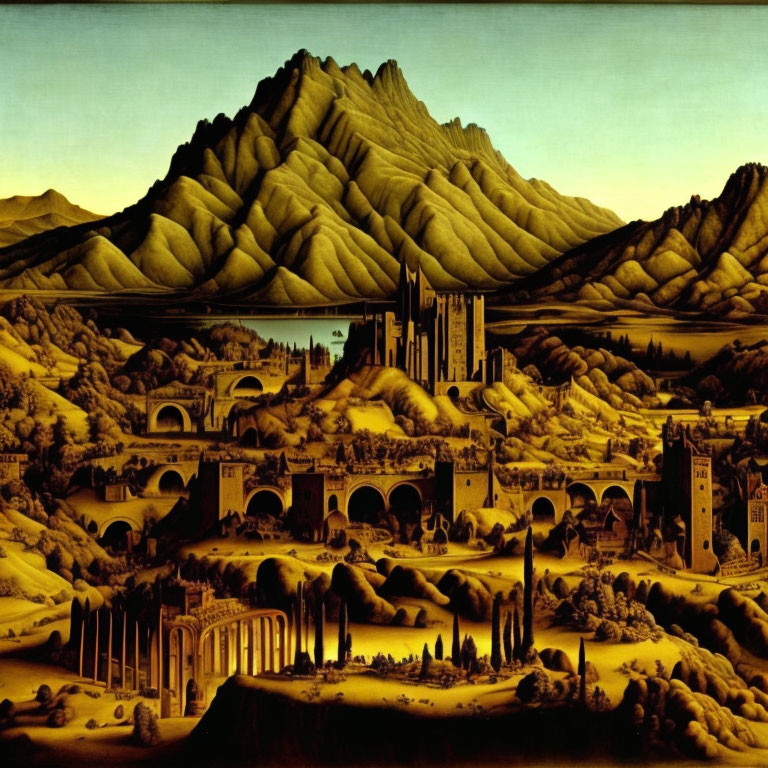 Fantastical Medieval Landscape with Mountains and City Walls