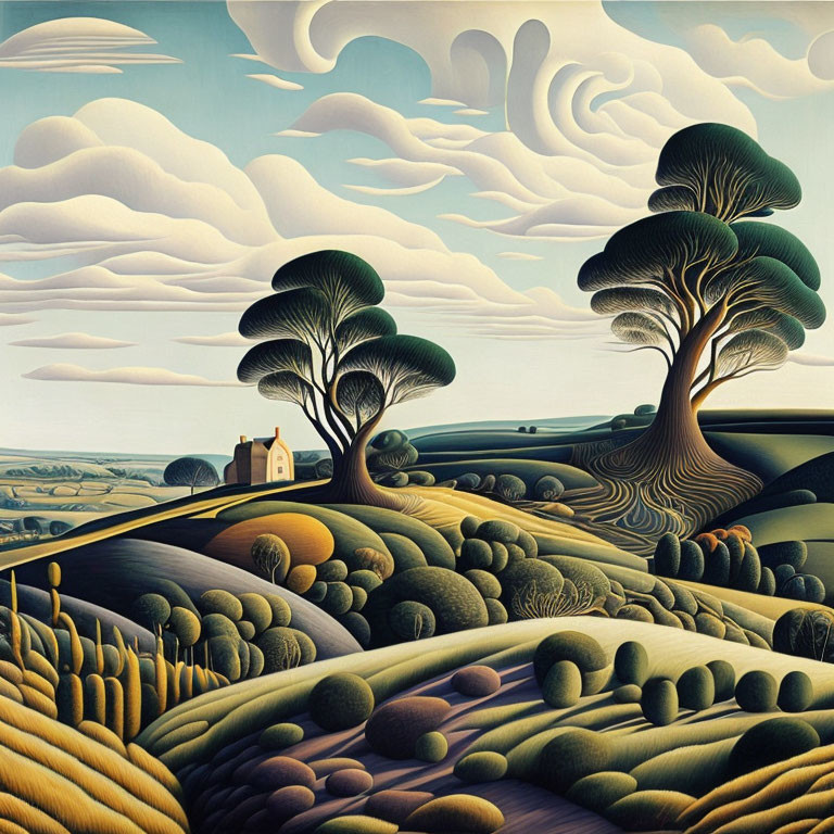 Vibrant landscape painting with rolling hills, unique trees, house, and patterned clouds