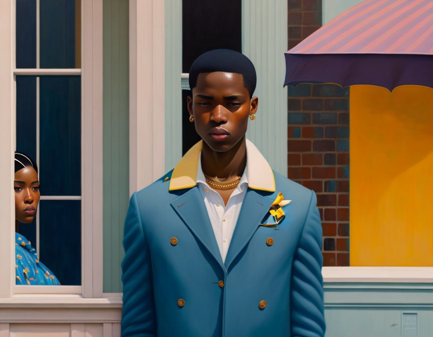 Stylized image of confident man in blue blazer with woman's reflection in window, colorful backdrop