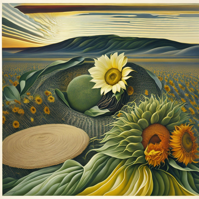 Sunflower field painting with hat, fruits, and wavy sky