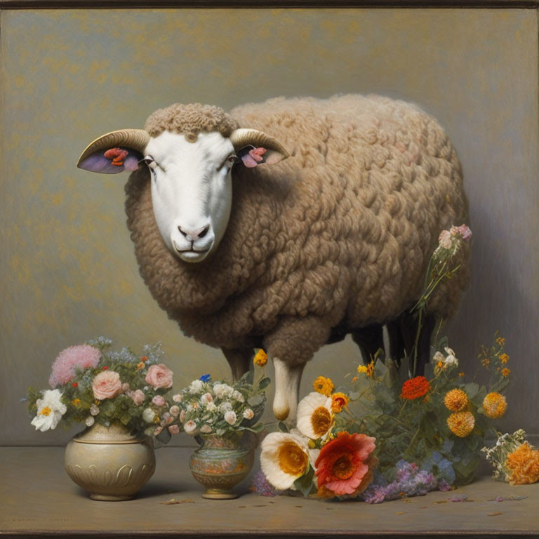 Sheep surrounded by colorful flowers in vases on neutral backdrop