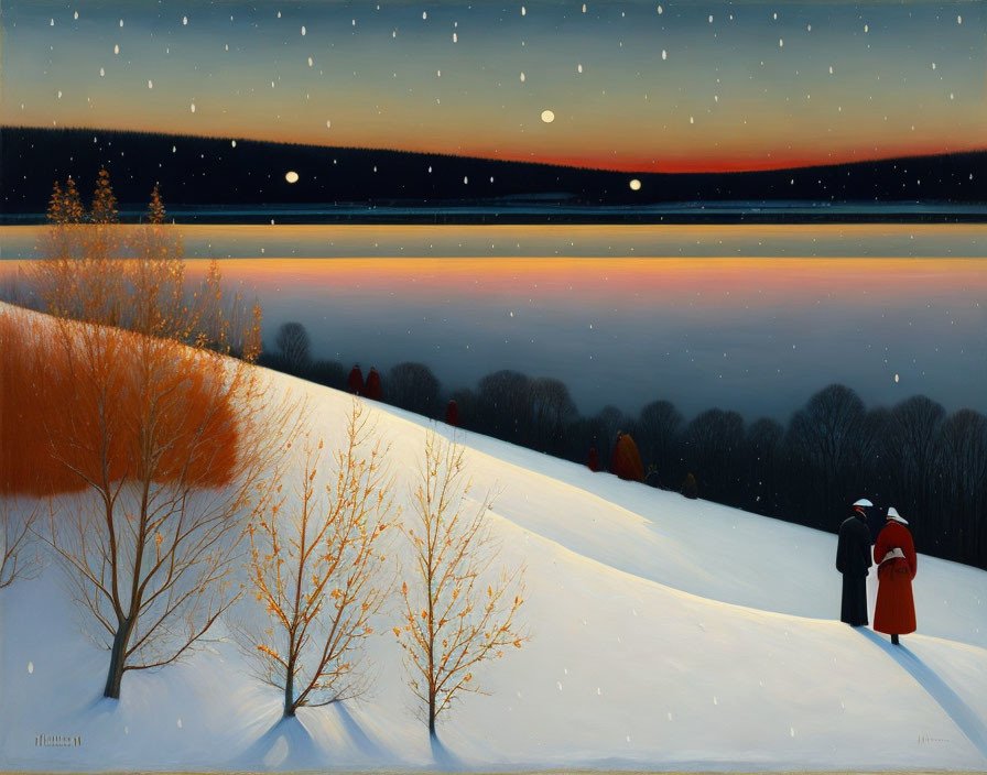 Winter Twilight Scene: Figures by Frozen Lake in Snowy Forest