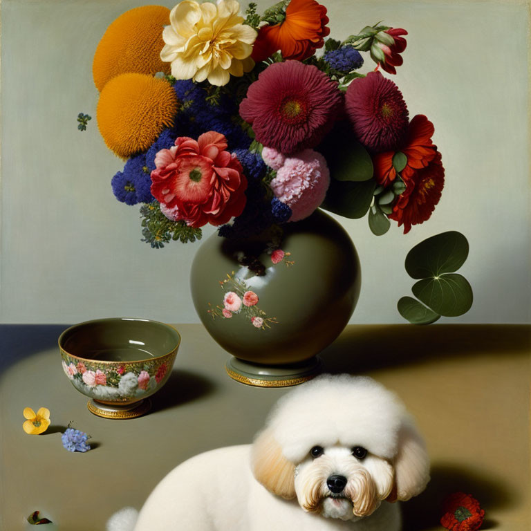 Fluffy white dog with colorful flowers and decorative bowl on table