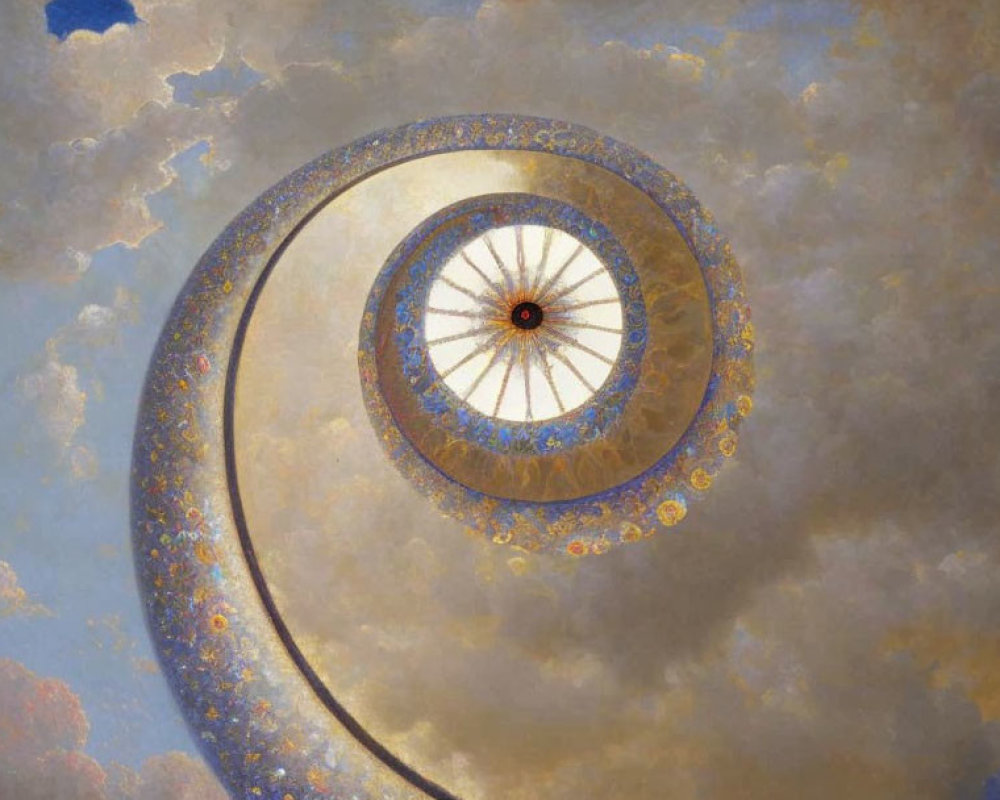 Surreal spiral staircase resembling a nautilus shell in cloudy sky