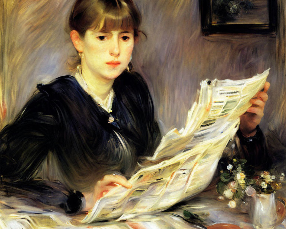 Young woman reading newspaper at table with flowers and ashtray