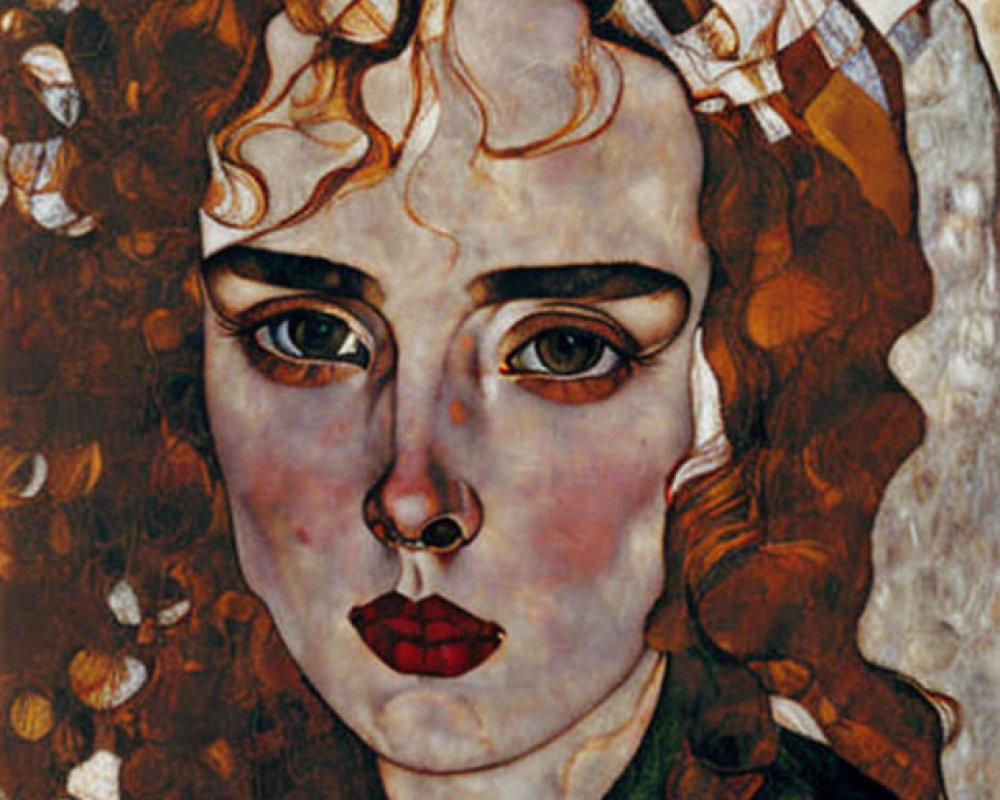 Portrait of Woman with Curly Auburn Hair on Golden Background