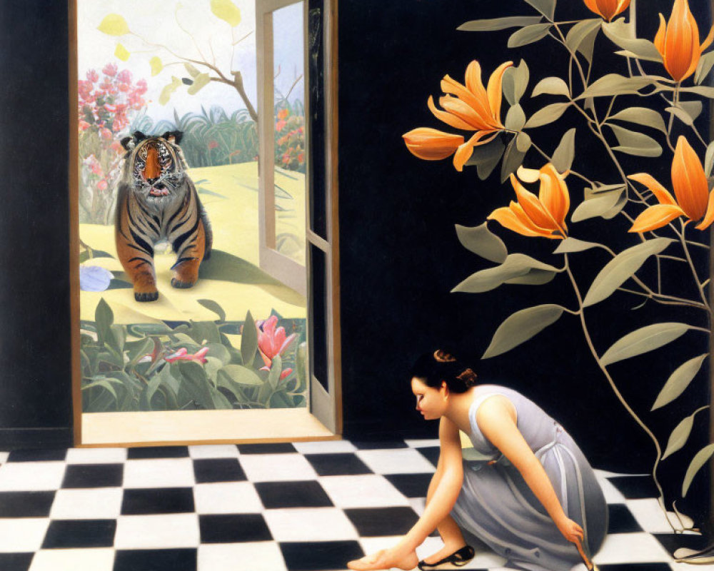 Woman crouching inside room gazes at tiger in colorful garden.