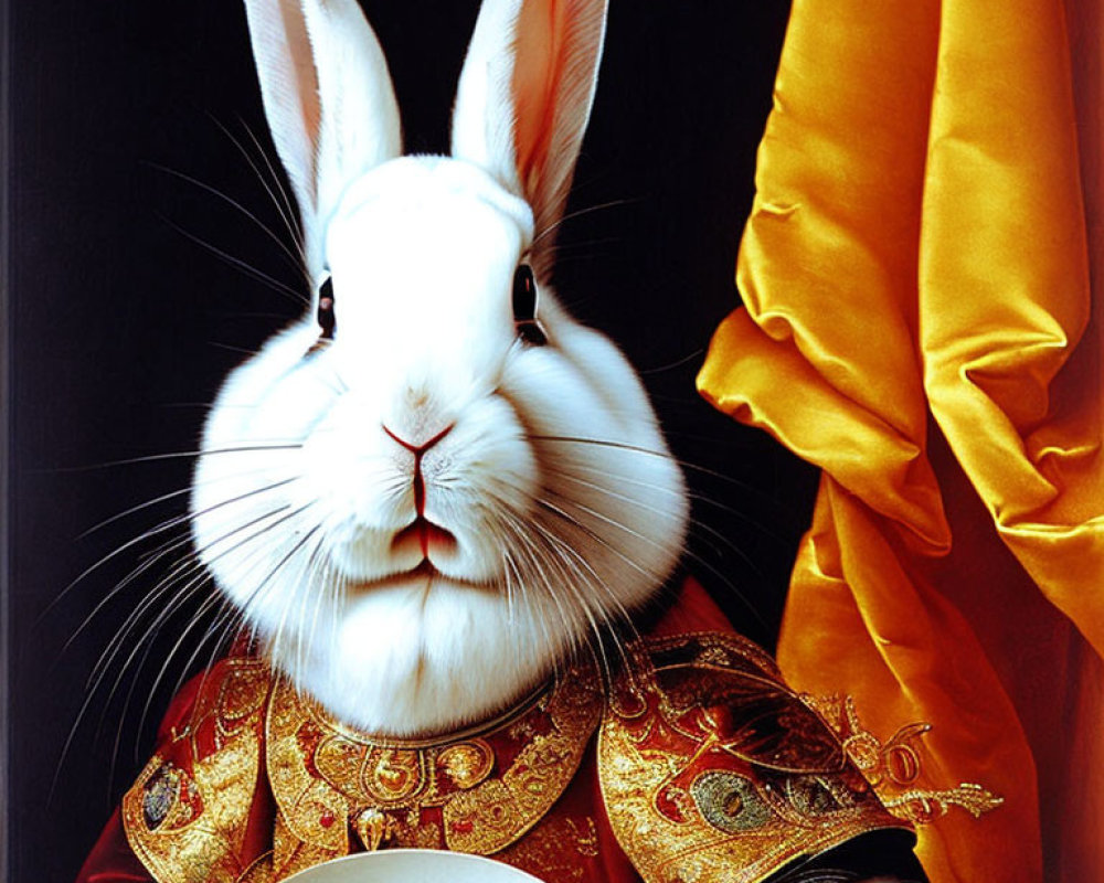 Regal white rabbit in gold-embroidered costume with food plate, black backdrop.