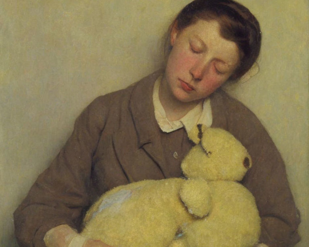 Young girl with closed eyes holding yellow stuffed toy in peaceful setting