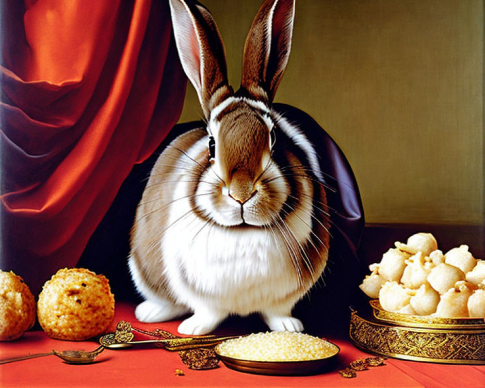 Realistic painting: Rabbit at table with rich fabrics, gold watch, intricate treats