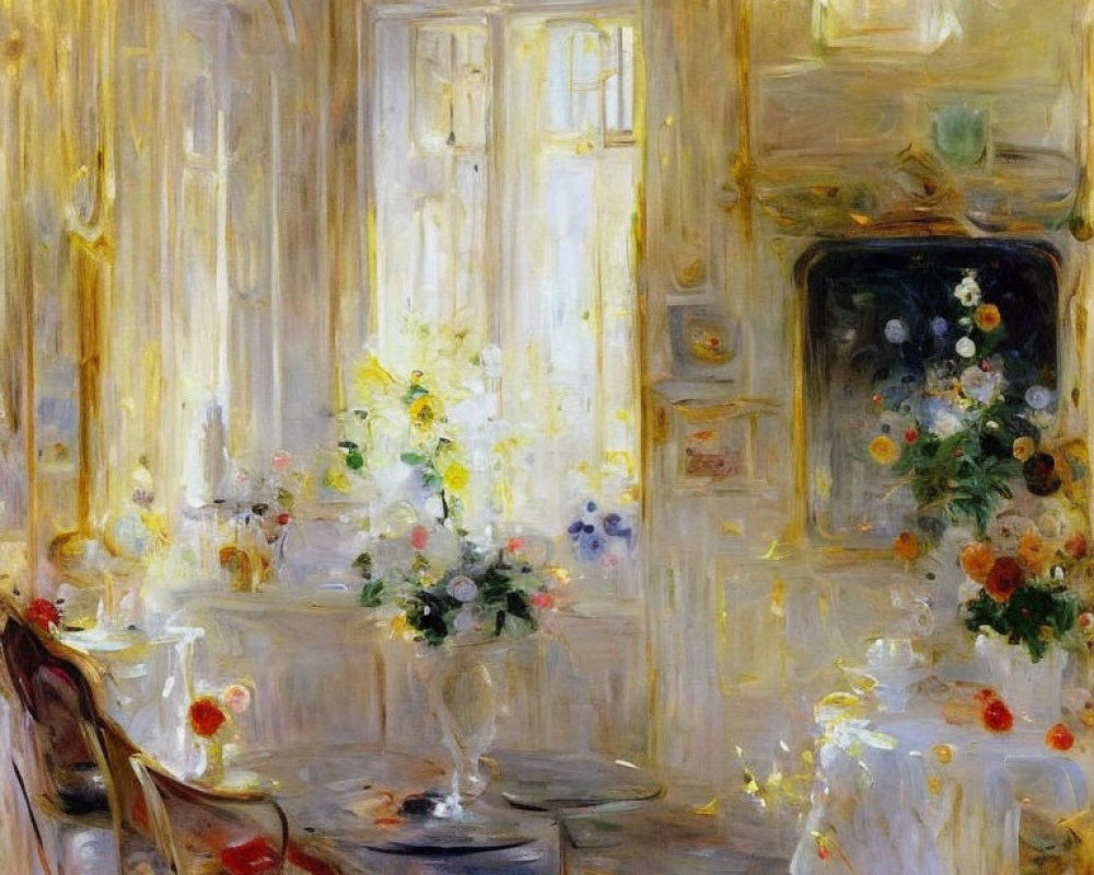 Sunlit Room with French Doors and Flowers Painting in Impressionist Style