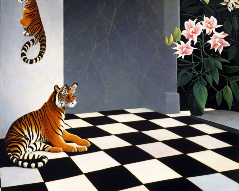 Surreal painting of two tigers in room with checkered flooring