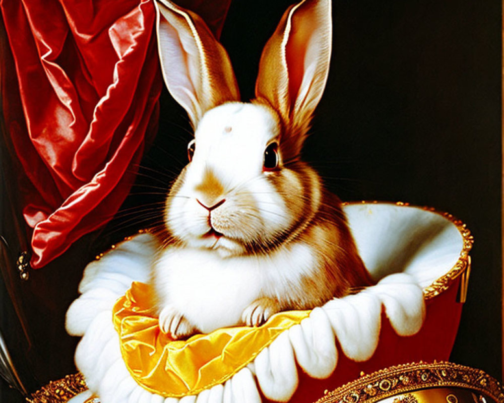 Realistic White and Brown Rabbit in Red and Gold Crown on Black Background