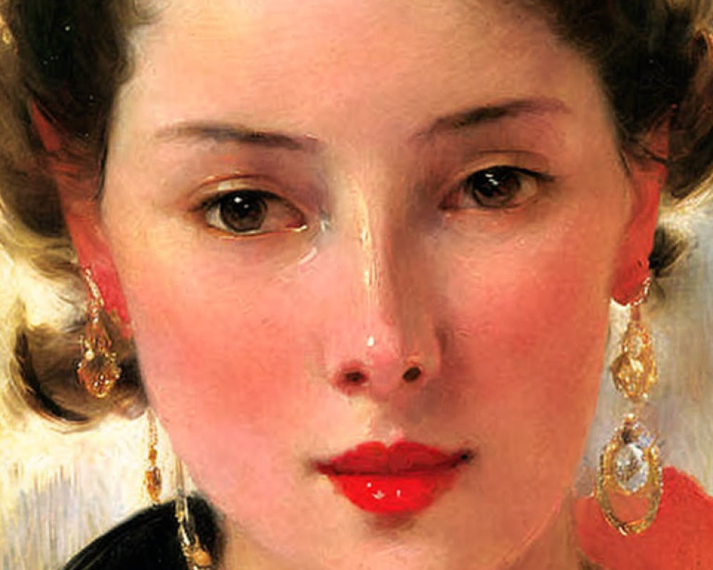 Classical painting of woman with fair skin and gold earrings