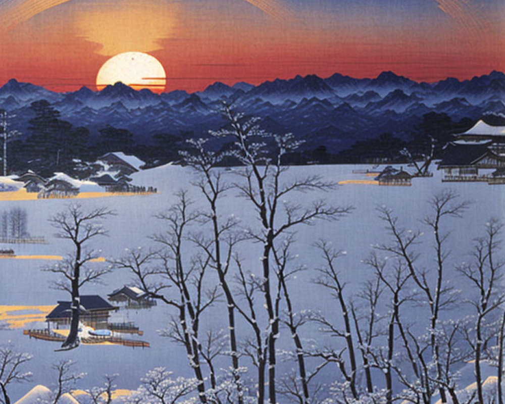 Japanese village in snow-covered mountains at sunset with red sun, bare trees, and silhouetted