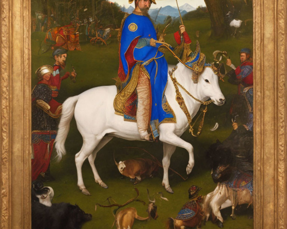 Medieval king on horseback in blue attire with hunting scene.